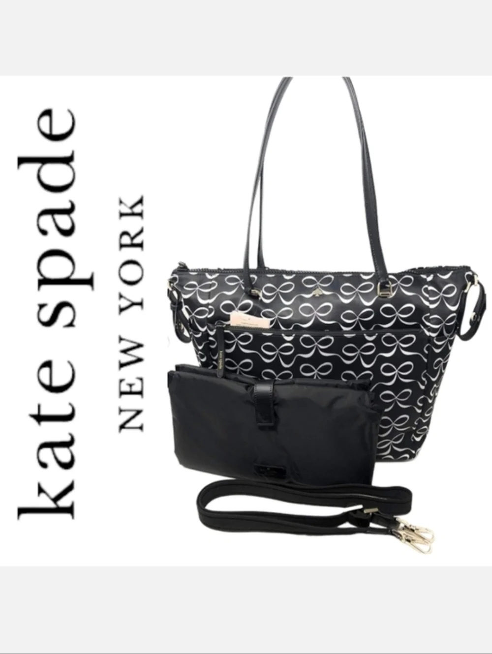 Kate Spade New York Black & White Jae Elegant Bow Large Baby Diaper Bag NWT